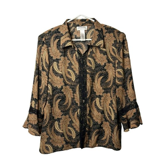 VTG Studio 1 Ladies Button Up Lace Accented Stylish Flowy Sleeve Blouse SZ 14 - Picture 2 of 7